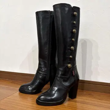 [컨디션 최상] MANA 마나 천연 가죽 롱 부츠 일본제 버튼 블랙 35