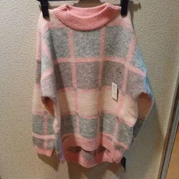 SLENDER 체크 무늬 긴팔 스웨터 그레이 핑크