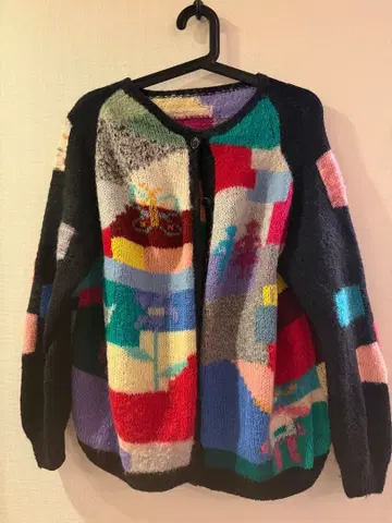 빈티지 핸드메이드 컬러풀 패치워크 패턴 니트 가디건