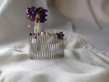 컴플렉스 비즈 퍼플 장식 미니 클립 & 헤어콤 세트