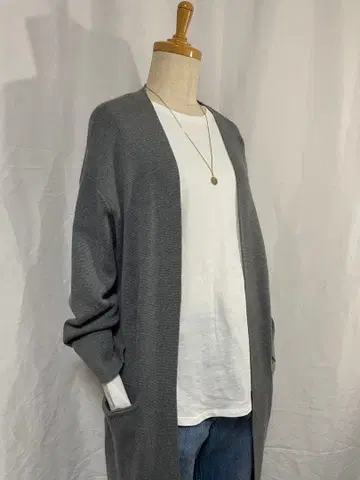 그레이 롱 가디건 긴팔 포켓 부착