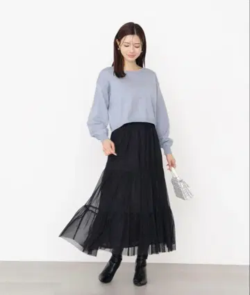 새상품 현행 프로포션 바디 드레싱 튤 플레어 롱 스커트 블랙 M