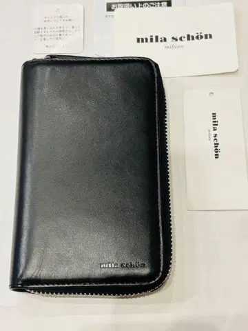 새상품 밀라 쇤 접이식 지갑 라운드 지퍼 미들 사이즈 천연 가죽 블랙