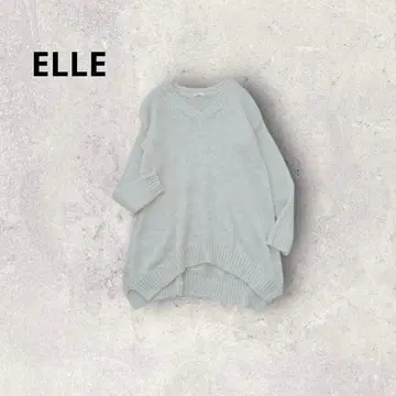 ELLE 풀오버 니트 사이드 슬릿 V넥 라메 드롭 숄더