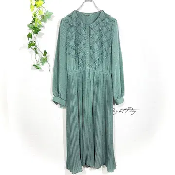 프릴 롱 원피스 플리츠 도트 일본제 쇼와 레트로