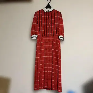 [ 쇼와 레트로 ] 빨간색 체크 무늬 긴팔 원피스 7부 기장 일본제