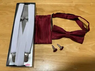 와인 레드 나비 넥타이 & 화이트 서스펜더 세트