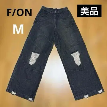 [ 거의 미사용 ] F/ON 빈티지 와이드 데님 블랙 데미지 가공
