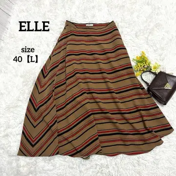 엘르 플레어 스커트 레트로 롱 기장 올 패턴 스트라이프 캐주얼 브라운 L