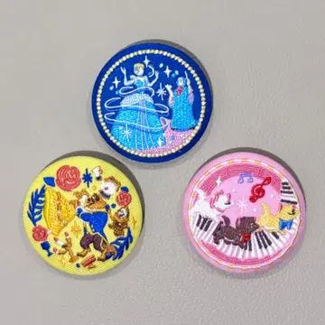 디즈니 자수 캔뱃지 2 미녀와 야수, 올리비아와 고양이, 신데렐라