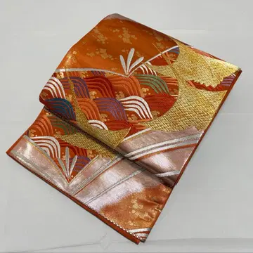 A 학 문양 금은사 오렌지 순수 실크 육통 후쿠로 오비 포멀 O8