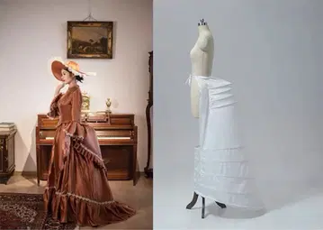 빅토리아 스타일 브라운 원피스 버슬 포함 드레스