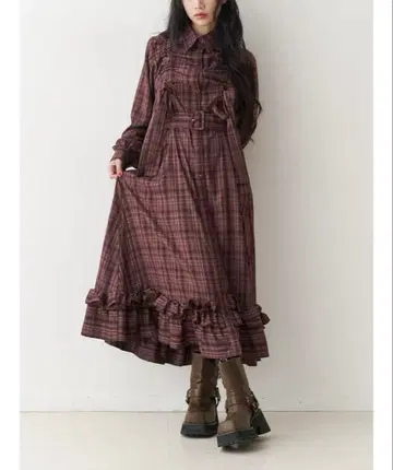 jouetie 드로스트 리본 체크 셔츠 원피스