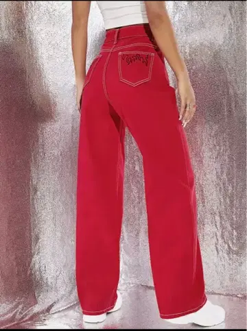 빨간색 데님 와이드 레그 팬츠