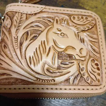 가죽 접이식 지갑 말과 꽃 조각