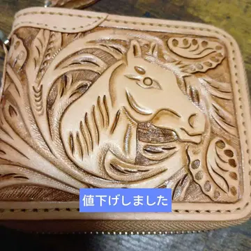 가죽 접이식 지갑 말과 꽃 조각