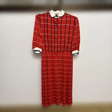 쇼와 레트로 빨간색 체크 원피스 화이트 카라 플리츠 빈티지 일본제