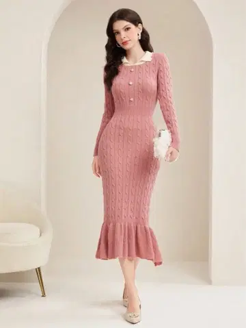 미사용 새상품 핑크 리브 니트 원피스 긴팔