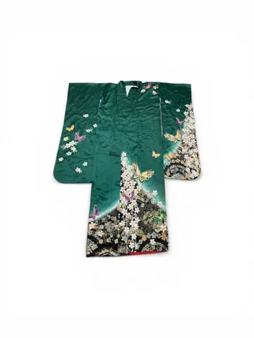 나비와 꽃 자수 후리소데 그린