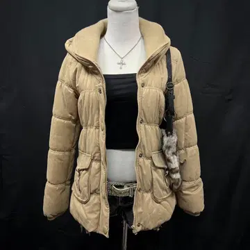 헤이세이 갸루 y2k 그런지 베이지 후드 부착 다운 자켓 기믹