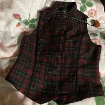 MIHO MATSDA 빨간색과 검은색 체크 무늬 더블 브레스트 베스트