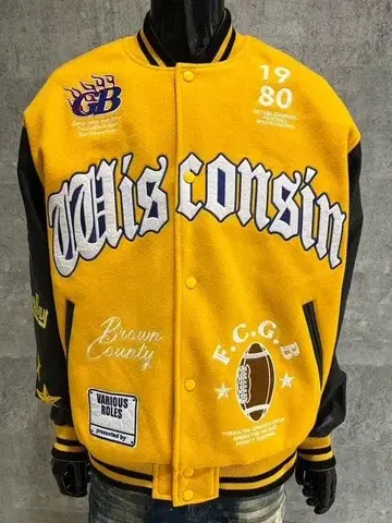 PU 절개 아메카지 바시티 자켓 노랑 XL 빅 실루엣 아메카지 자수