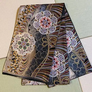 꽃무늬 물결무늬 후쿠로 오비 블랙 흐르는 꽃 후리소데용 f021