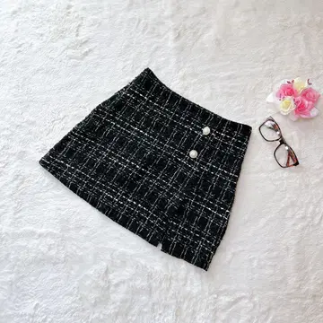 트위드 미니 스커트 깔끔한 라메 블랙 펄 슬릿 여성용