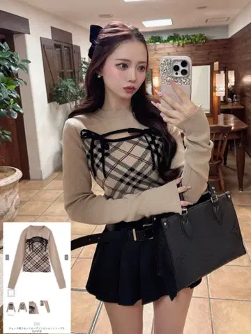 체크 무늬 프론트 오픈 리본 니트탑[ru1374] 베이지