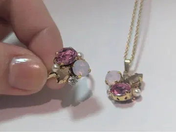 핑크 스와로브스키 목걸이와 반지 세트 핸드메이드