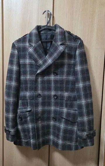 울 100% 체크 무늬 더블 브레스트 피 코트