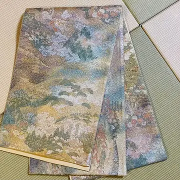 자연 풍경 금실 자수 블러 후쿠로 오비 그린 금각사 m1202