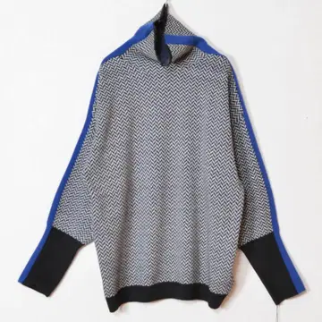 새상품 택 포함 M~L 블랙 블루 하이넥 헤링본 무늬 니트 여성용