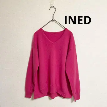 INED 이네드 부드러운 울 100% V넥 니트 예쁜 색 선명한 핑크