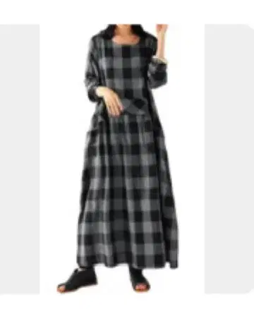 맥시 원피스 여성용 체크 무늬 긴팔 프리 사이즈