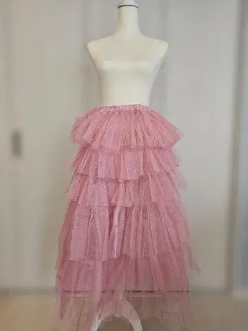 핑크 튤 롱 스커트 티어드 프릴 허리밴딩