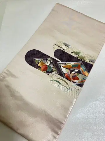 후쿠로 오비 광택 핑크 다색 꽃무늬 새 자수 오타이코 패턴