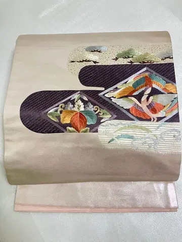 후쿠로 오비 광택 핑크 다색 꽃무늬 새 자수 오타이코 패턴