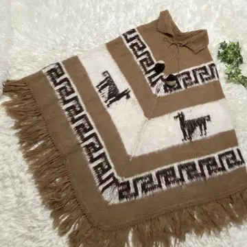 니트 판초 알파카 패턴 프린지 브라운 화이트 빅