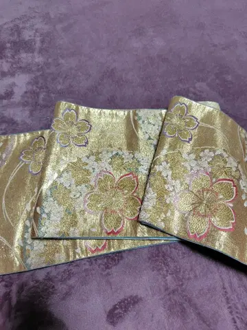 벚꽃 꽃무늬 후쿠로 오비 골드 컬러