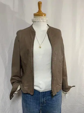 브라운 레더 노카라 자켓 양가죽