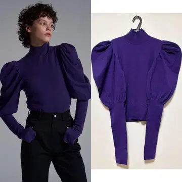 mecre 볼드 숄더 하이넥 니트 풀오버 퍼플