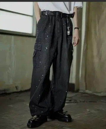 Bleme 빈티지 더블 페인트 데님 카고 팬츠