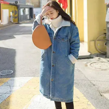 데님 롱 코트 자켓 보아 안감 모델 164cm-LL 착용