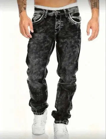 블랙 데미지 데님 팬츠