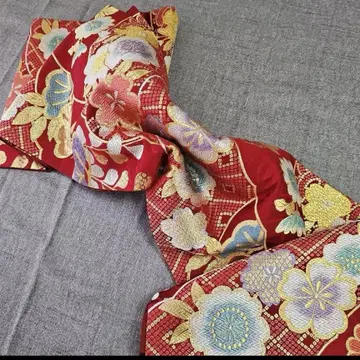 후리소데 순수 실크 금실 직조 육통 후쿠로 오비 빨간색