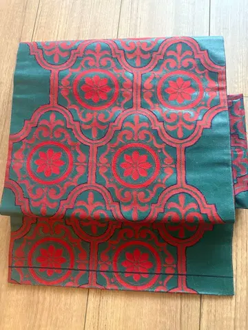 앤티크 나고야 오비 그린 바탕에 빨간색 아르누보 풍