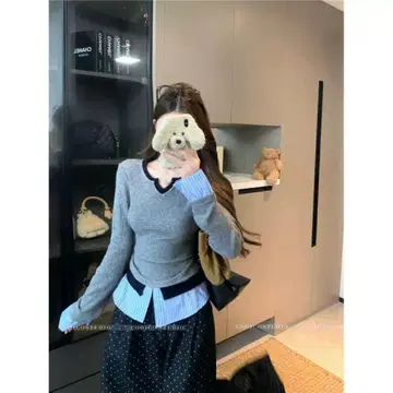 그레이 V넥 니트 스웨터