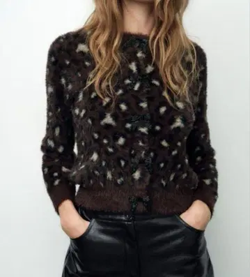 ZARA 인조 모피 자카드 니트 자켓 레오파드 무늬