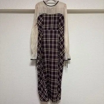 퍼플 계열 체크 시스루 긴팔 원피스